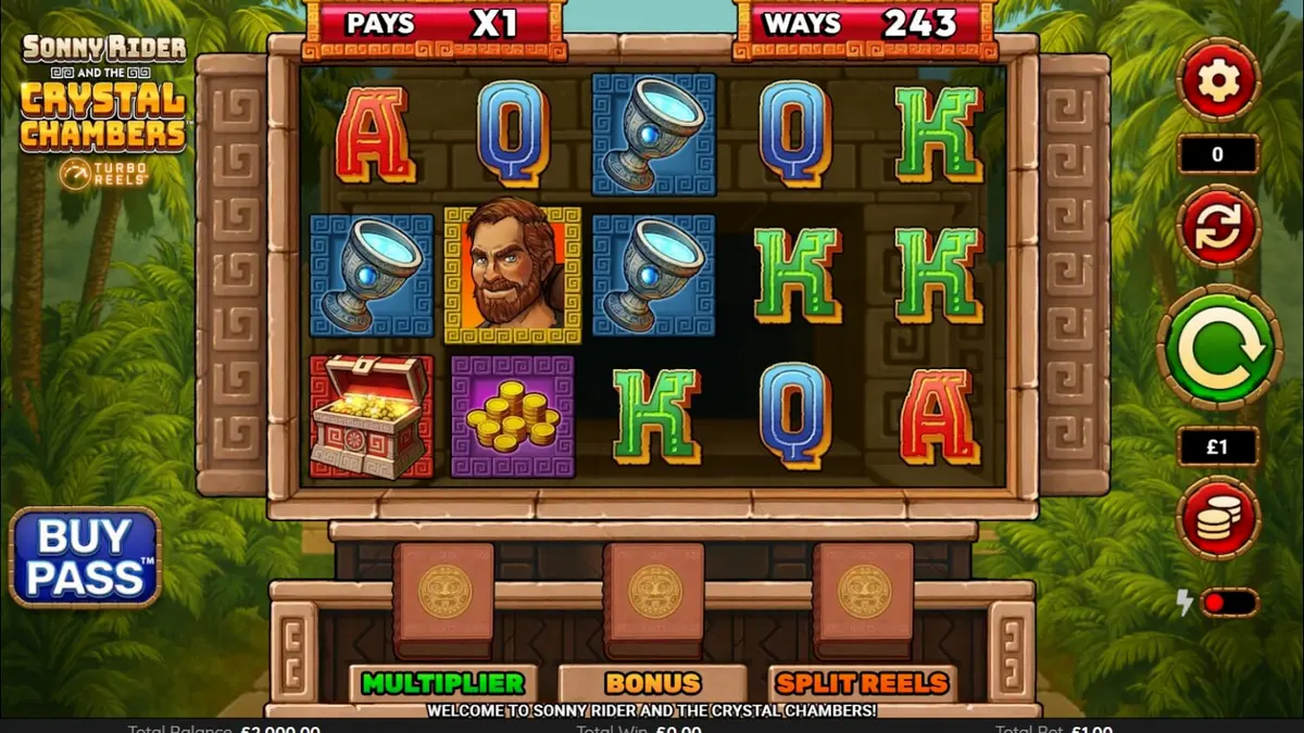 Sonny Rider & The Crystal Chambers slot game interface showing Aztec temple ruins and glowing books