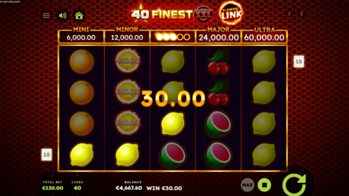 Tampilan visual mesin slot 40 Finest XXL Flaming Link dengan simbol buah neon dan api.