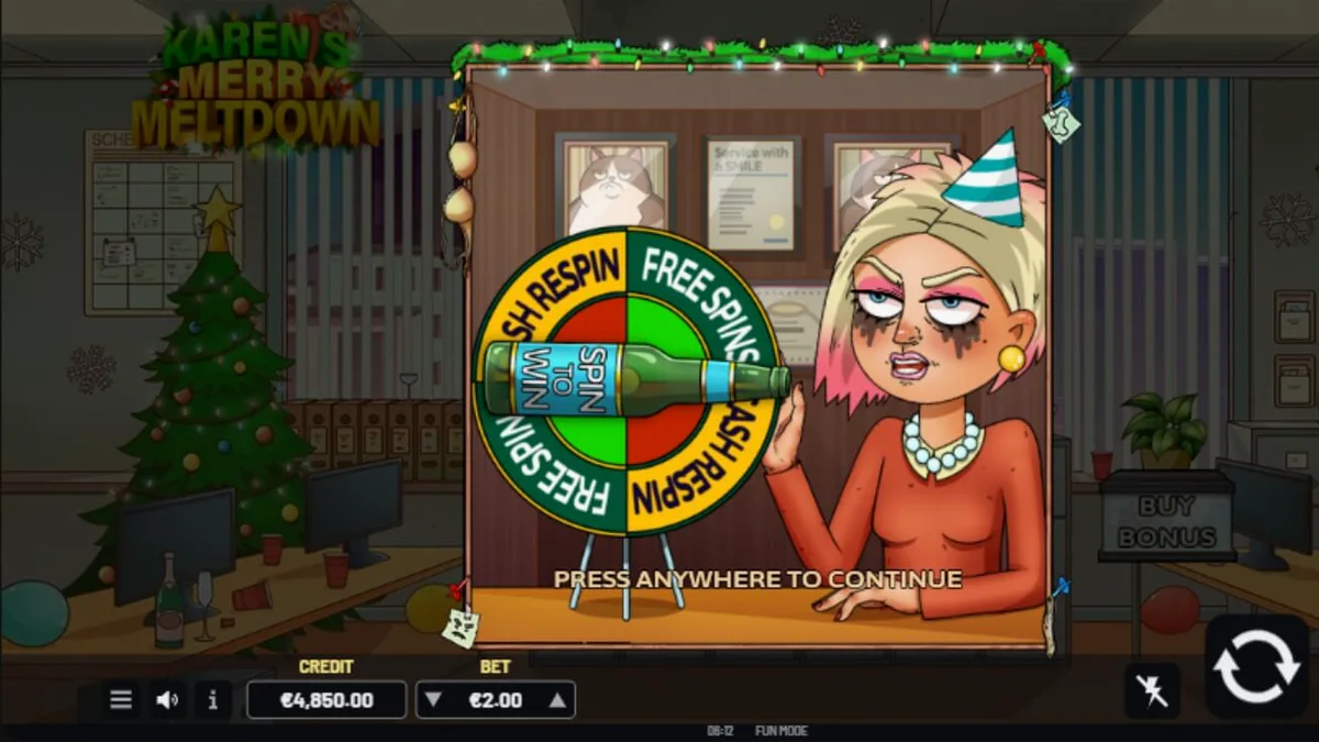 Tampilan visual slot Karen’s Merry Meltdown dengan tema pesta kantor Natal yang penuh warna.