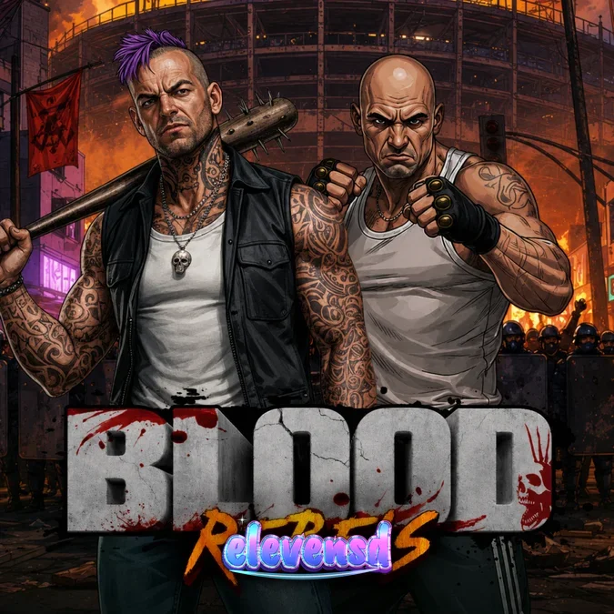 Tampilan visual slot Blood Rebels dengan tema pemberontakan jalanan yang gelap